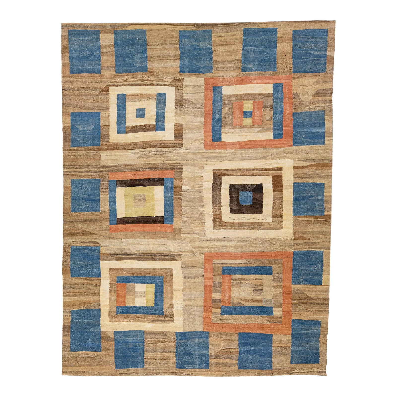 Stunning Mid-Century Modern Kilim Wool Rug 8'9" x 11'5": Stunning Mid-Century Modern Kilim Wool Rug 8'9" x 11'5" Enhance your space with this stunning Mid-Century Modern Style Kilim Wool Rug. Featuring a rich brown color field, this flatweave rug showcases 