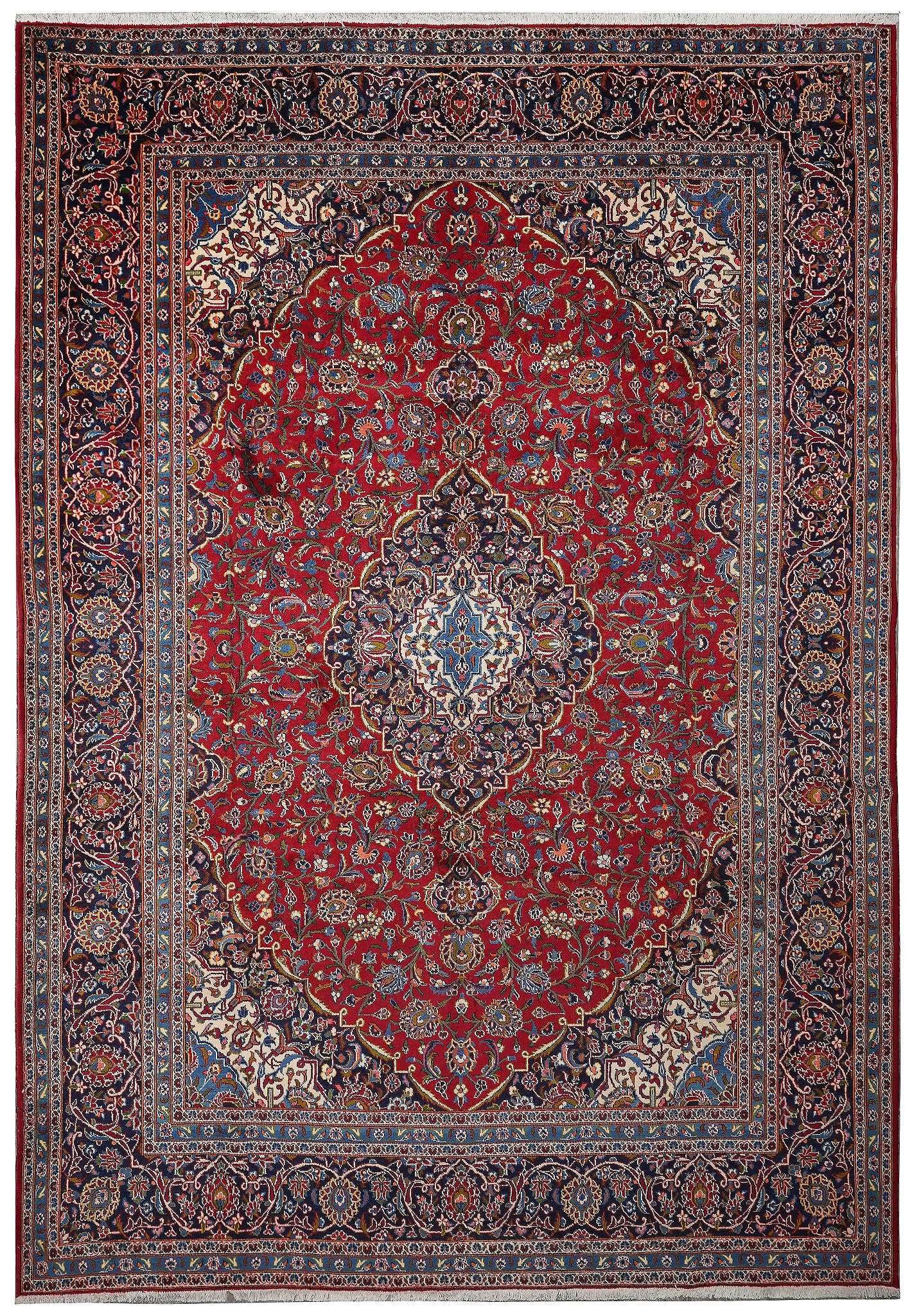 10 x 13 Persian Hand Knotted Kashan Rug Red Blue Traditional: 10 x 13 Persian Hand Knotted Kashan Rug Red Blue Traditional Free continental US Shipping This Persian hand-knotted Kashan rug features a traditional design in rich red and blue tones. Crafted with me