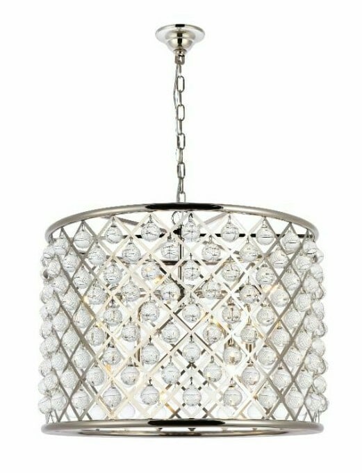 Madison 8-Light Crystal Chandelier Polished Nickel 27.5 in: Madison 8-Light Crystal Chandelier Polished Nickel 27.5 in This is a modern 8-light chandelier with a polished nickel finish and clear smooth crystal balls. It is hardwired, intended for indoor use, a