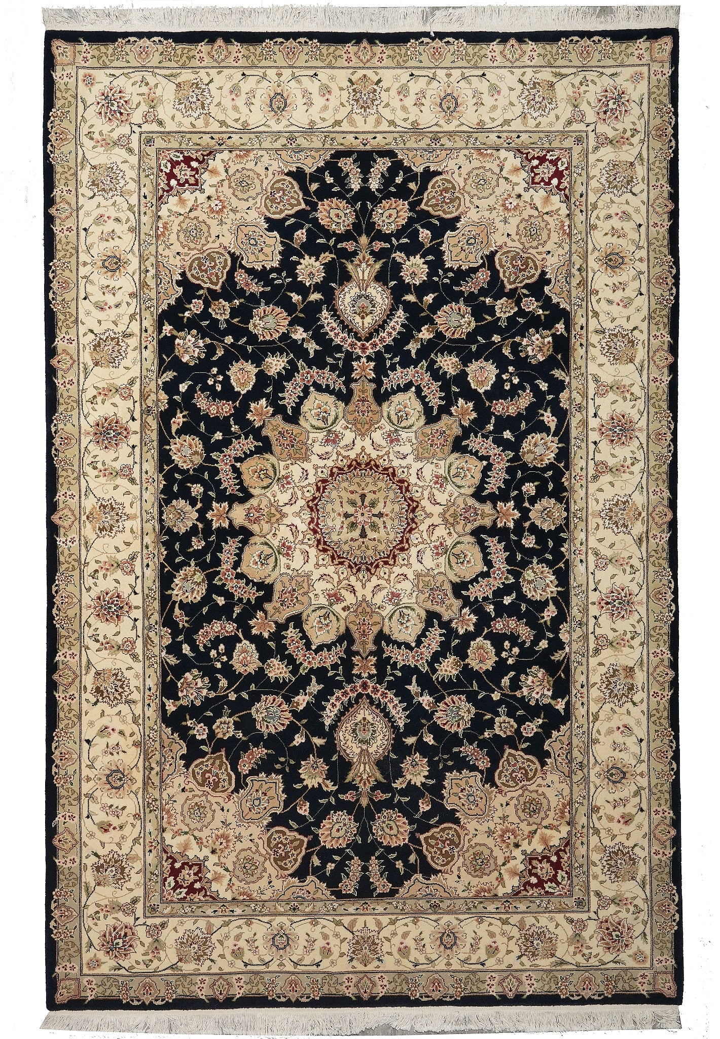 5.9 x 8.9 Wool Silk Tabriz Rug Fancy Black: 5.9 x 8.9 Wool Silk Tabriz Rug Fancy Black Free continental US Shipping Quality wool and silk Tabriz rug in a fancy black design. The rug is described as new and measures 5.9 x 8.9. Premium padding is