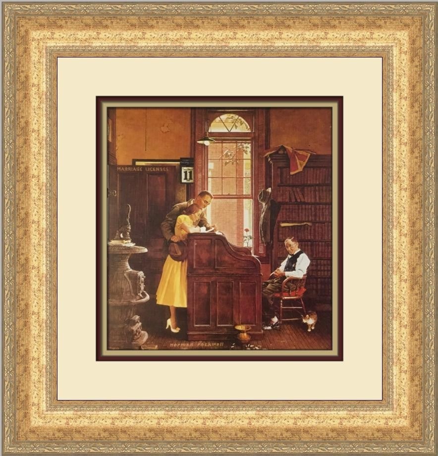 Matted framed Norman Rockwell Marriage License open edition print: Matted framed Norman Rockwell Marriage License open edition print This is a custom-framed open edition print of "The Marriage License" by Norman Rockwell, produced in 1979. The offset lithograph is pr