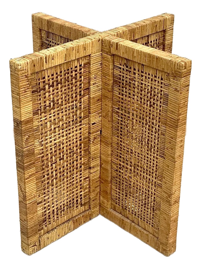 Vintage Woven Rattan Dining Table Pedestals Pair 1970s Coastal Charm (1 of 9)