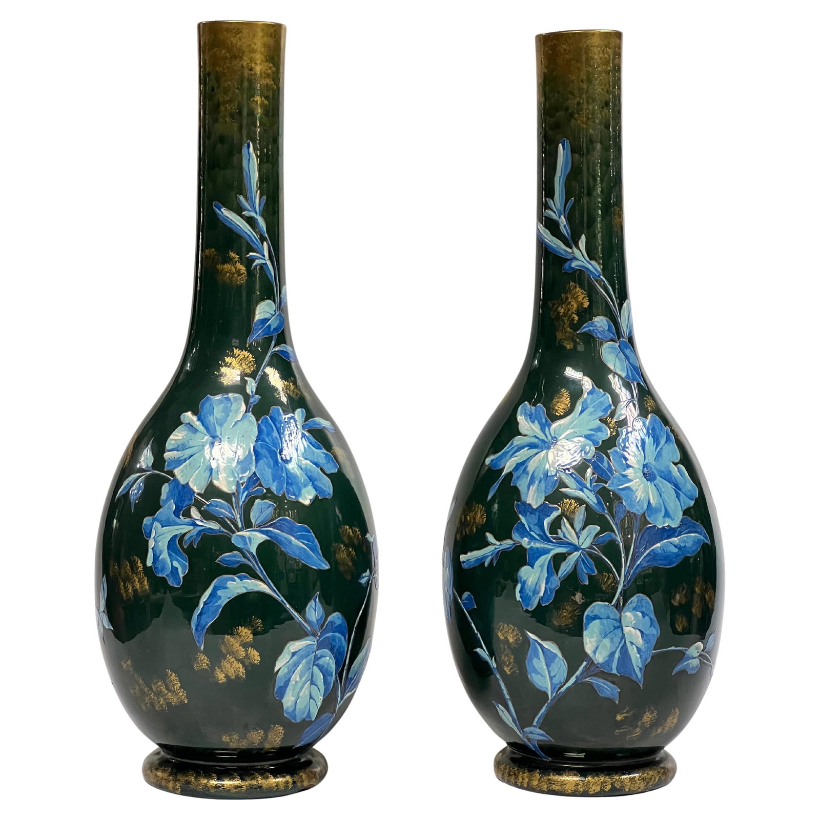 Set of 2 Early 1900s Gilt Floral Hand-Painted Aesthetic Ceramic Vases: Set of 2 Early 1900s Gilt Floral Hand-Painted Aesthetic Ceramic Vases This is a pair of large antique ceramic vases from the early 20th century, crafted in the Aesthetic style. Each vase features hand