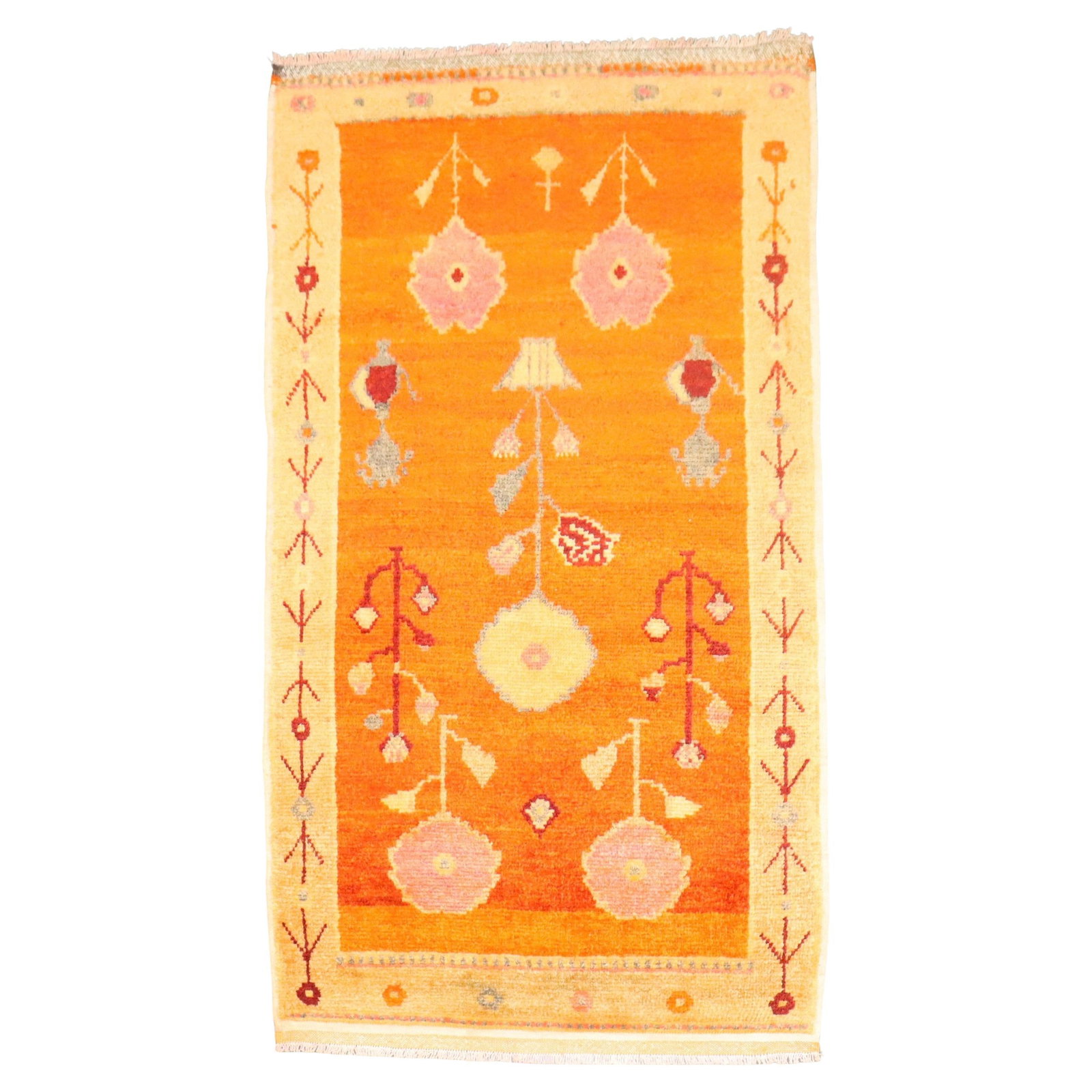 Vintage Turkish Oushak Rug Bright Orange Hand-Knotted 31 x 54 Inches: Vintage Turkish Oushak Rug Bright Orange Hand-Knotted 31 x 54 Inches Discover the vibrant charm of this vintage Turkish Anatolian rug, featuring a striking bright orange hue. This hand-knotted Oushak 