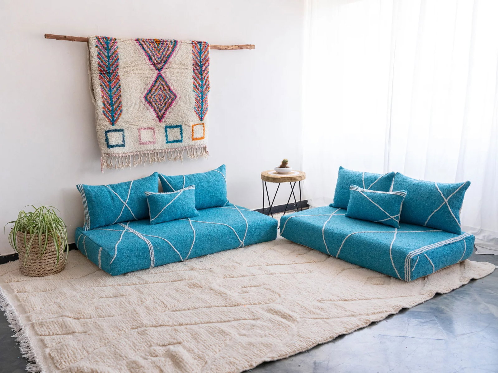 Handmade Blue Moroccan Berber Loveseat Sofa Craftsmanship: Handmade Blue Moroccan Berber Loveseat Sofa Craftsmanship Transform your living space with the Handmade Moroccan Berber Loveseat Sofa in a vibrant blue edition. This exquisite piece is crafted from a 