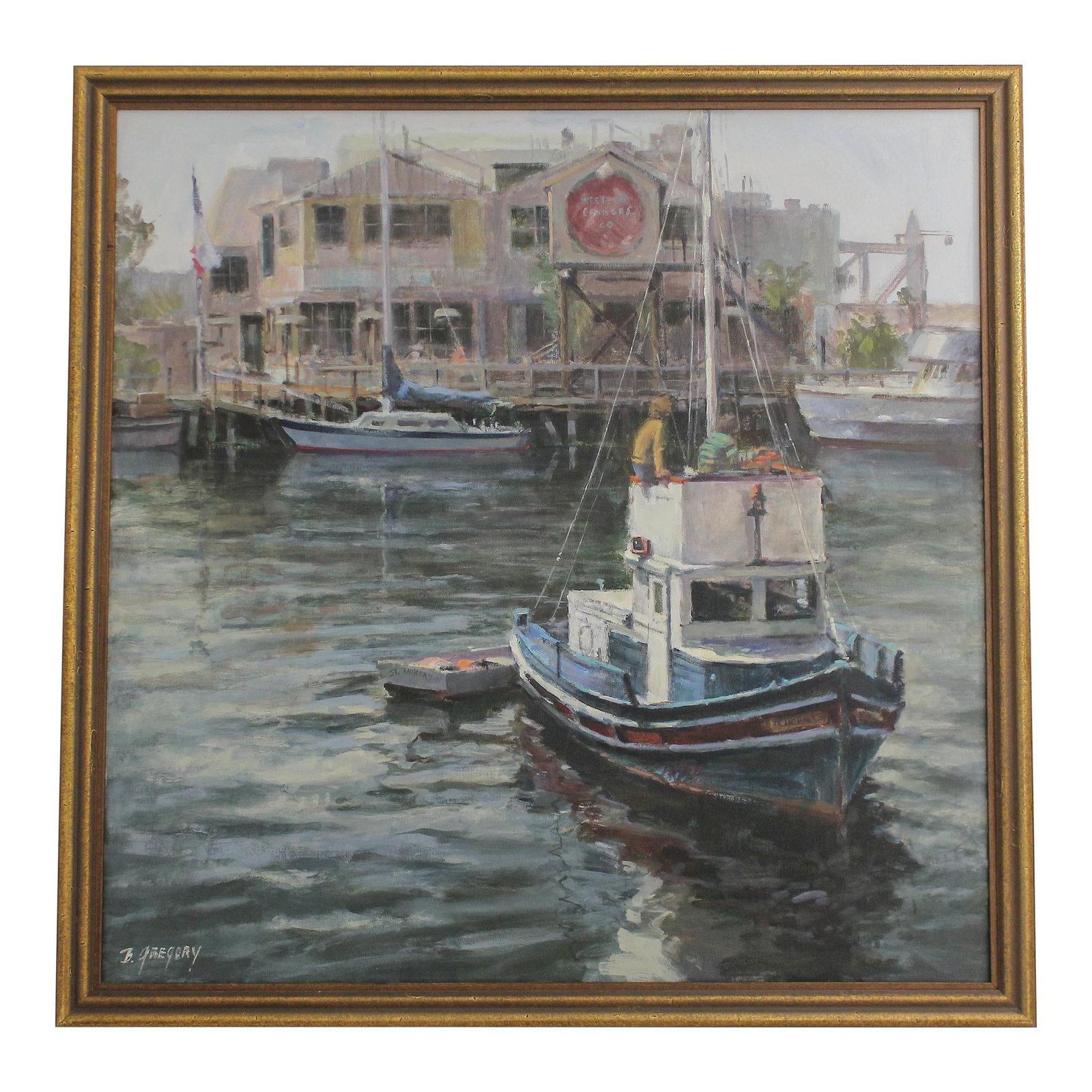 B. Gregory Signed Oil Painting Monterey Boat Framed Art 39x39: B. Gregory Signed Oil Painting Monterey Boat Framed Art 39x39 This stunning oil painting on canvas features a vibrant depiction of a Monterey boat, showcasing the artist's exceptional skill and use of