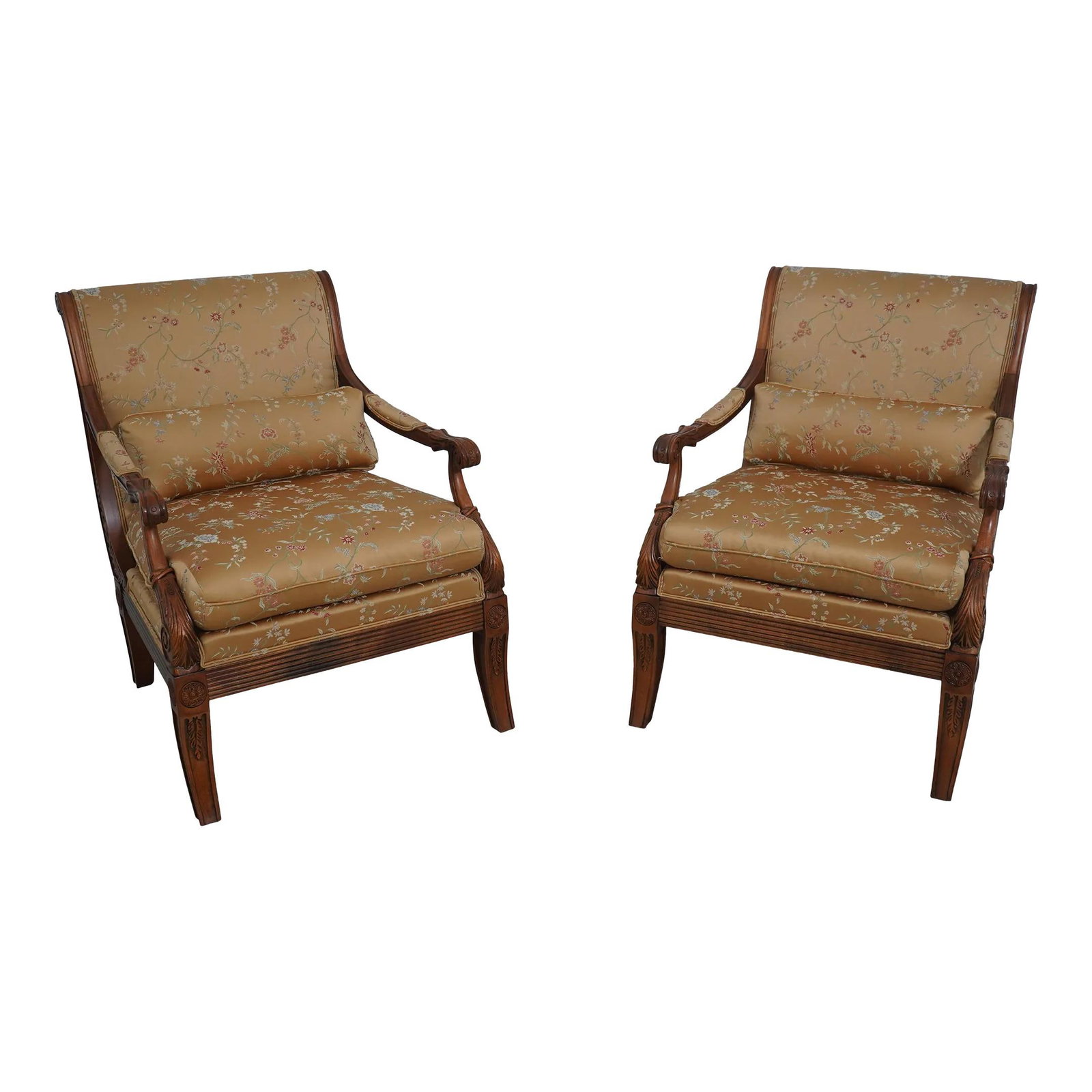 Ethan Allen Regency Style Carved Bergere Chairs Pair: Ethan Allen Regency Style Carved Bergere Chairs Pair Enhance your living space with this elegant Pair of Regency Style Carved Bergere Chairs by Ethan Allen. Crafted with quality construction, these ch