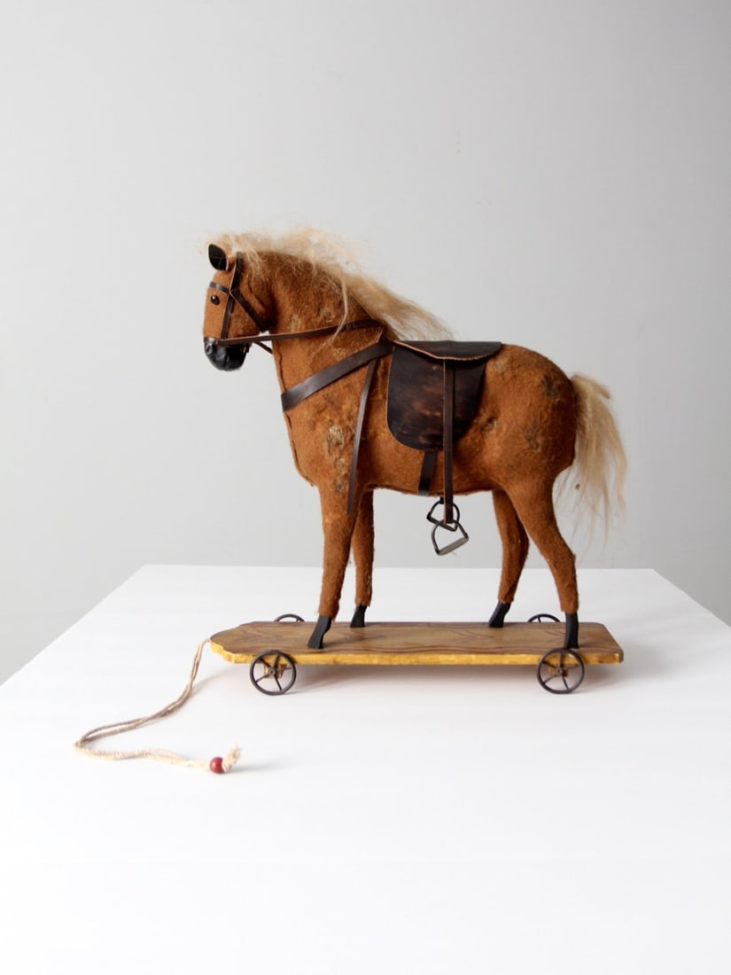 Late 19th Century Felt Horse Cart Toy with Rope Pull (1 of 15)