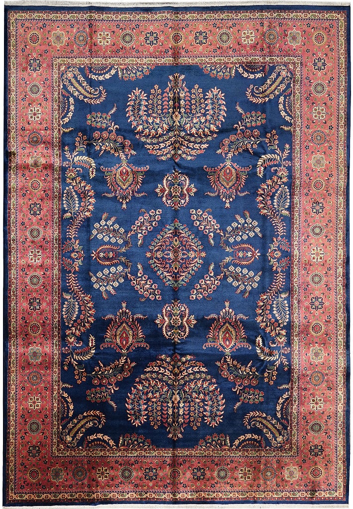 10 x 14 Sarouk Mohajeran Blue Hand Knotted Wool Rug: 10 x 14 Sarouk Mohajeran Blue Hand Knotted Wool Rug Free continental US Shipping This 10 x 14 Sarouk Mohajeran rug features a lustrous, silky wool pile and a rich blue background with ivory, muted gol