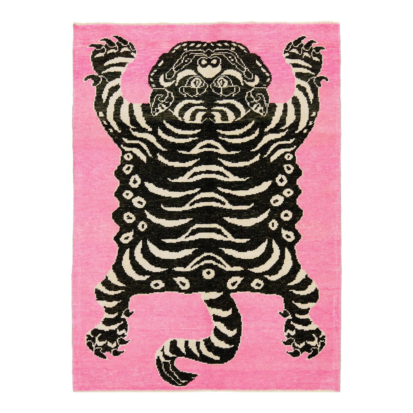 Handmade Pink Turkish Wool Rug with Tiger Motif 4'10 x 6'7: Handmade Pink Turkish Wool Rug with Tiger Motif 4'10 x 6'7 Enhance your space with this exquisite handmade Turkish wool rug featuring a striking tiger motif against a soft pink background, complemente