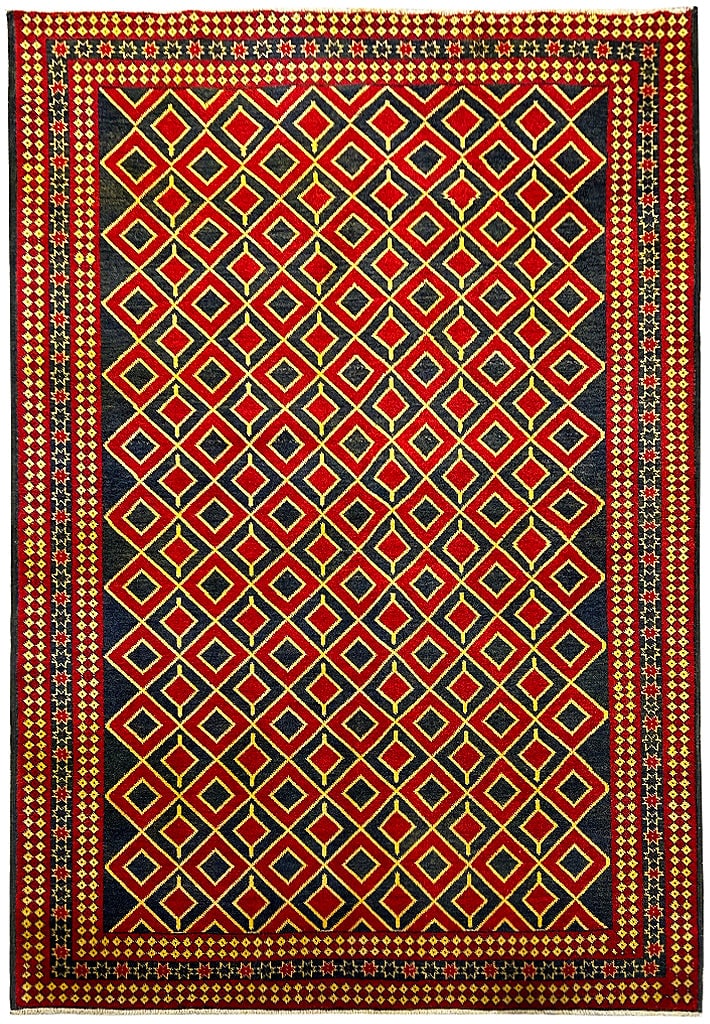5.1 x 6.9 Handwoven Baluchi Area Rug in Navy Red Yellow: 5.1 x 6.9 Handwoven Baluchi Area Rug in Navy Red Yellow Free continental US Shipping Elevate your living space with this exquisite 5.1 x 6.9 Traditional Handmade Baluchi Rug. This stunning piece showc