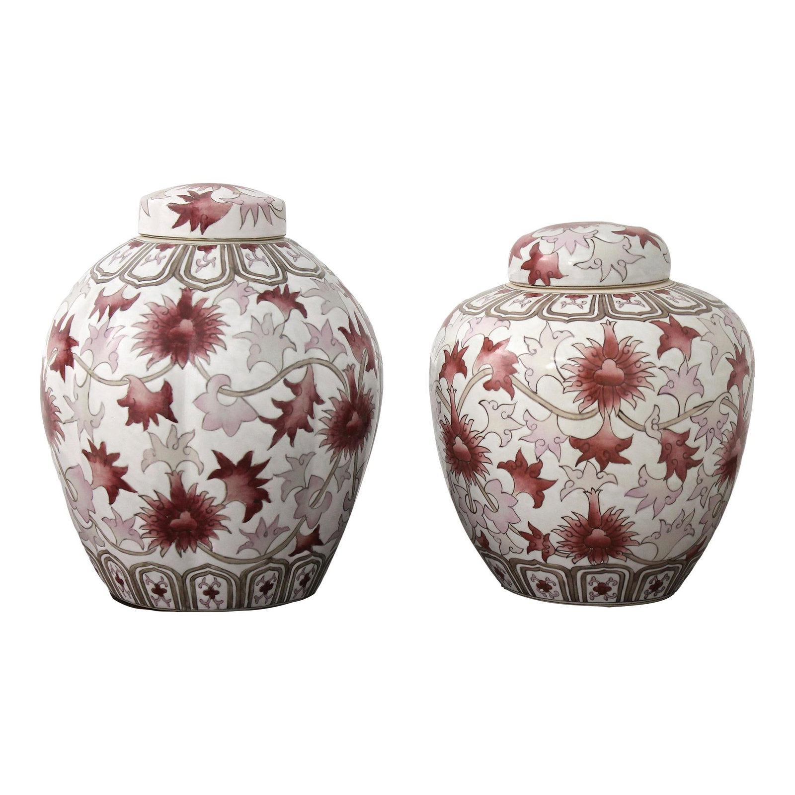 Chinese Porcelain Ginger Jars Set of 2 Lidded Decor: Chinese Porcelain Ginger Jars Set of 2 Lidded Decor This exquisite pair of Chinese porcelain ginger jars features two different sizes, showcasing a classic design perfect for any decor. Crafted approx