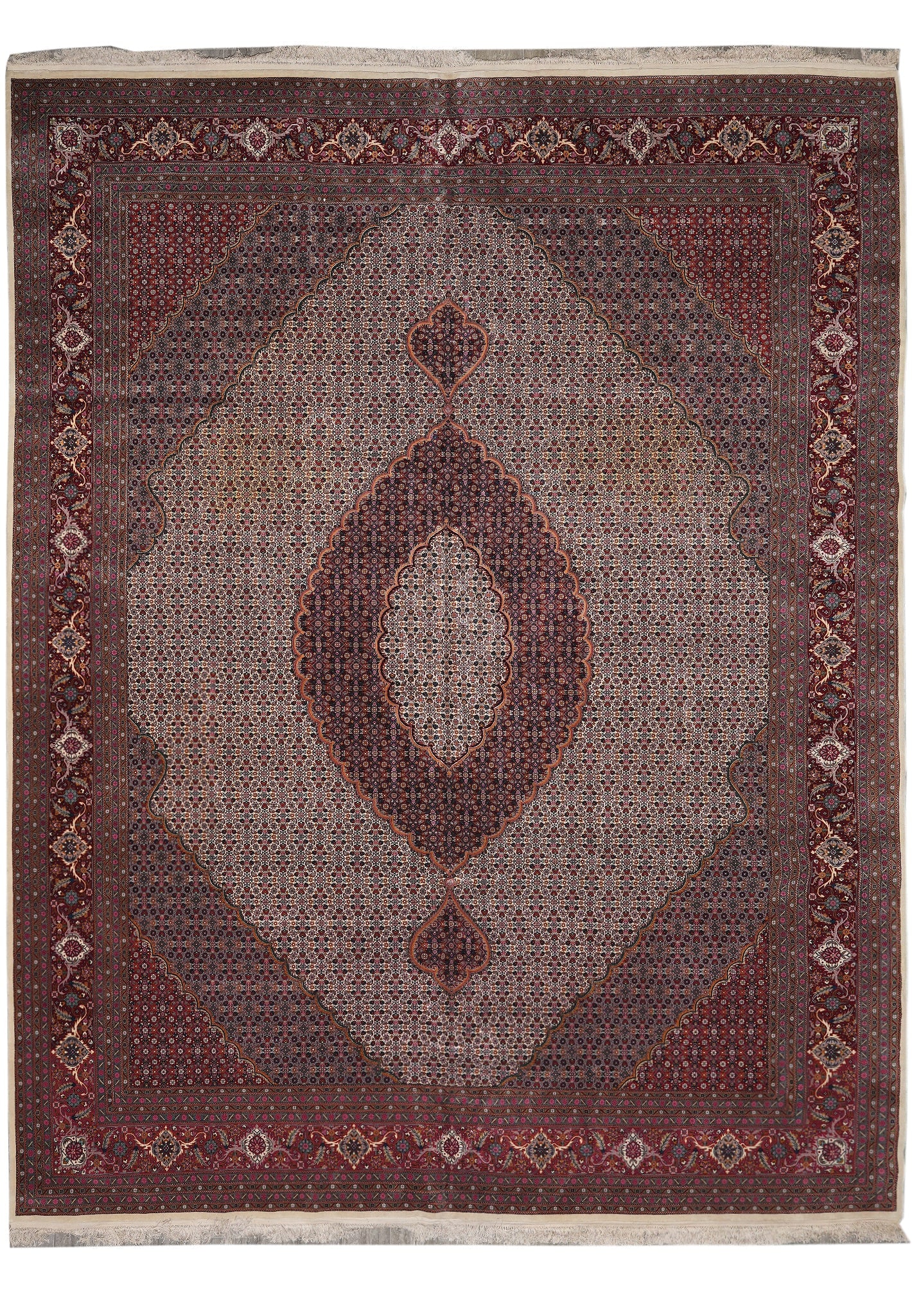 12 x 15 Wool and Silk on Silk Mahi Tabriz Rug Hand-Knotted in Iran: 12 x 15 Wool and Silk on Silk Mahi Tabriz Rug Hand-Knotted in Iran Free continental US Shipping A grand 12 x 15 Mahi Tabriz area rug with a classic Persian-style design, hand-knotted in Tabriz, Iran. 