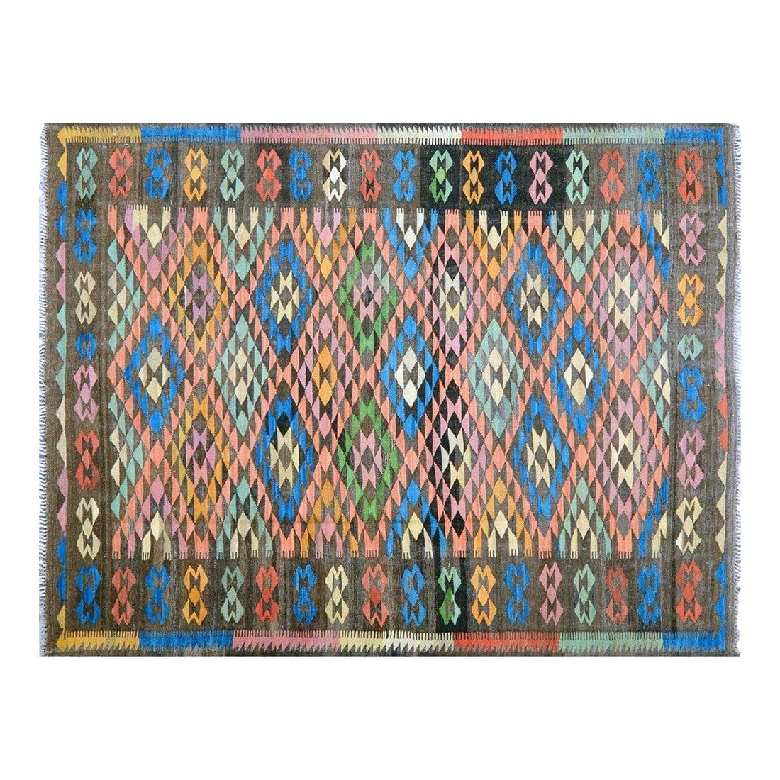 6x8 Wool Flatweave Rug with Maimana Design Copper Tones: 6x8 Wool Flatweave Rug with Maimana Design Copper Tones This Afghan Maimana flatweave kilim wool rug is handwoven using traditional techniques, blending classic artistry with a modern design sensibili