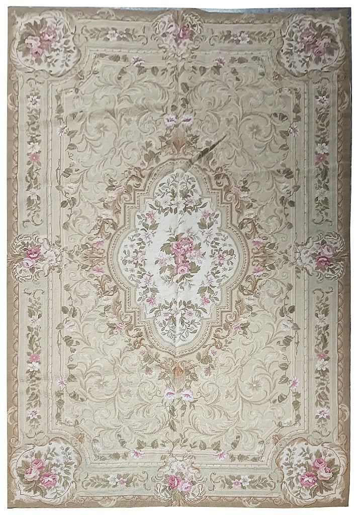6' x 9' Sage Green Hand-Knotted Aubusson Area Rug: 6' x 9' Sage Green Hand-Knotted Aubusson Area Rug Free continental US Shipping Elevate your home decor with the exquisite 6' x 9' Needlepoint Aubusson Rug in a soothing sage green hue. This meticulous