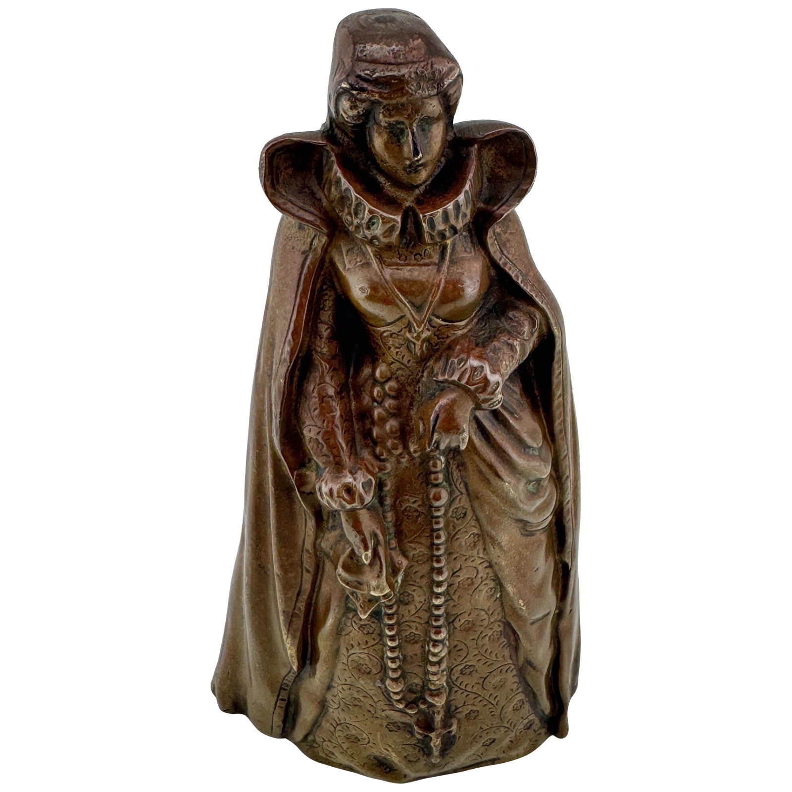 Gothic Revival Bronze Figural Bell with Hinged Leg Clappers England c1880: Gothic Revival Bronze Figural Bell with Hinged Leg Clappers England c1880 This late 19th-century Gothic Revival bronze figural bell features a sculpted medieval noblewoman, crafted in England around 1