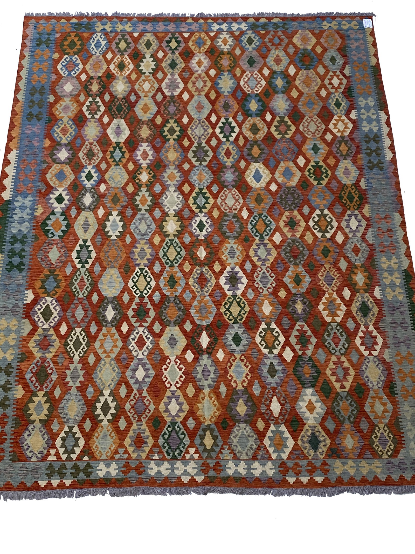 10 x 13 Multi-Color Red Handmade Tribal Kilim Rug from Afghanistan: 10 x 13 Multi-Color Red Handmade Tribal Kilim Rug from Afghanistan Free continental US Shipping Introduce a burst of color and character into your living space with our 10' x 13' Multi-Color Red Kilim