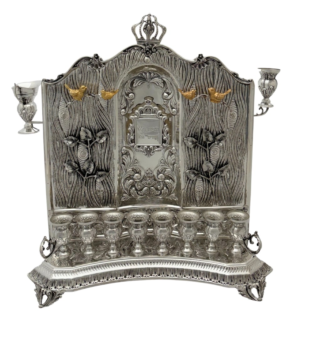 Handmade 925 Sterling Silver Gilded Menorah with Multi Bird and Leaf Design: Handmade 925 Sterling Silver Gilded Menorah with Multi Bird and Leaf Design This exquisite Chanukah Backwall Menorah is crafted from fine 925 sterling silver and adorned with gilded accents. It showca