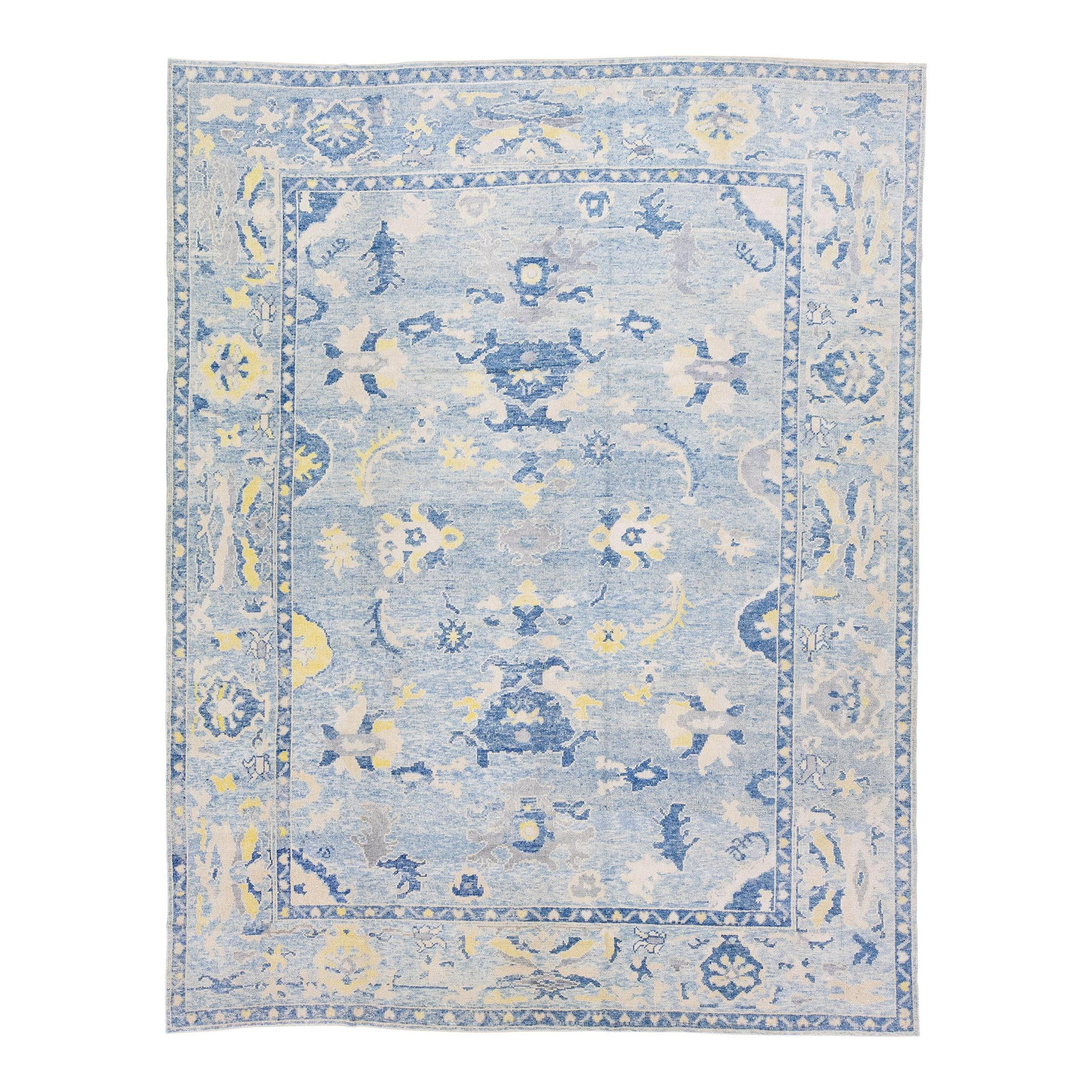 Handmade Turkish Oushak Wool Rug Blue Floral Design 9'9 x 12'7: Handmade Turkish Oushak Wool Rug Blue Floral Design 9'9 x 12'7 This contemporary handmade Turkish Oushak wool rug showcases a stunning blue color field adorned with an elegant all-over floral pattern.