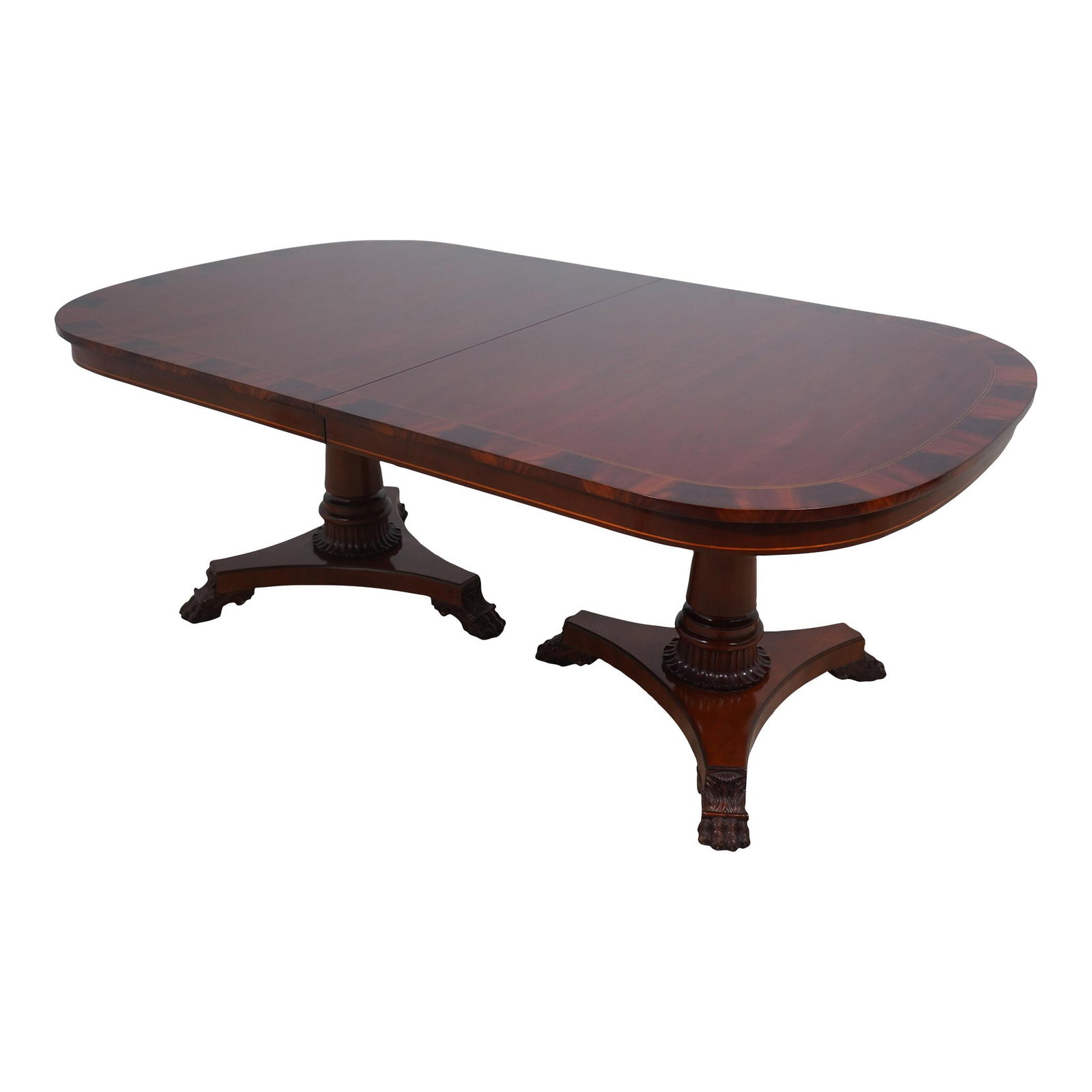 Kindel Empire Design Mahogany Dining Table with 2 Leaves: Kindel Empire Design Mahogany Dining Table with 2 Leaves This exquisite Kindel Empire Design Dining Room Table showcases a classic traditional style with a rich reddish mahogany finish. Crafted from h