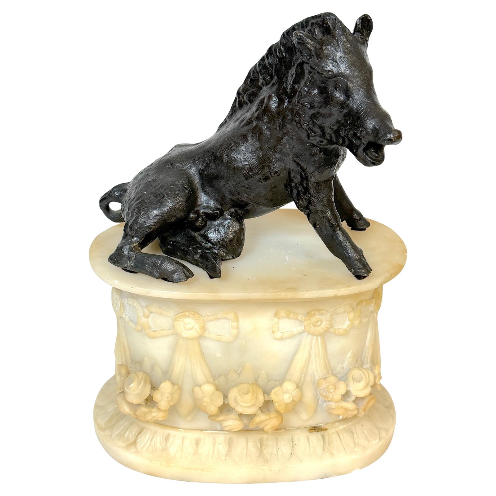 19th Century Grand Tour Bronze Il Porcellino Boar with Alabaster Base: 19th Century Grand Tour Bronze Il Porcellino Boar with Alabaster Base This exquisite set of two sculptures features a Grand Tour Bronze Reduction of Il Porcellino, known as the "Borghese Boar," mounte