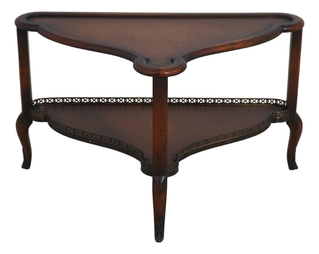 Mahogany Triangle Table with Leather Top and Brass Gallery Shelf (1 of 10)