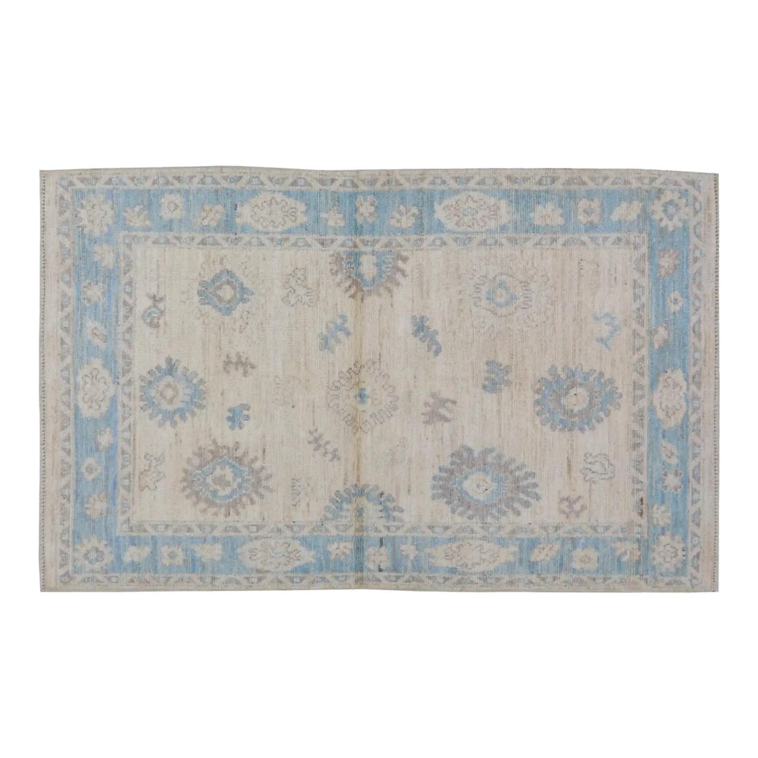 4x6 Wool Floral Oushak Area Rug Hand Knotted Contemporary Design: 4x6 Wool Floral Oushak Area Rug Hand Knotted Contemporary Design This Oushak rug features a hand-knotted wool construction with natural tan colors and a floral style design. It has a fine weave and is
