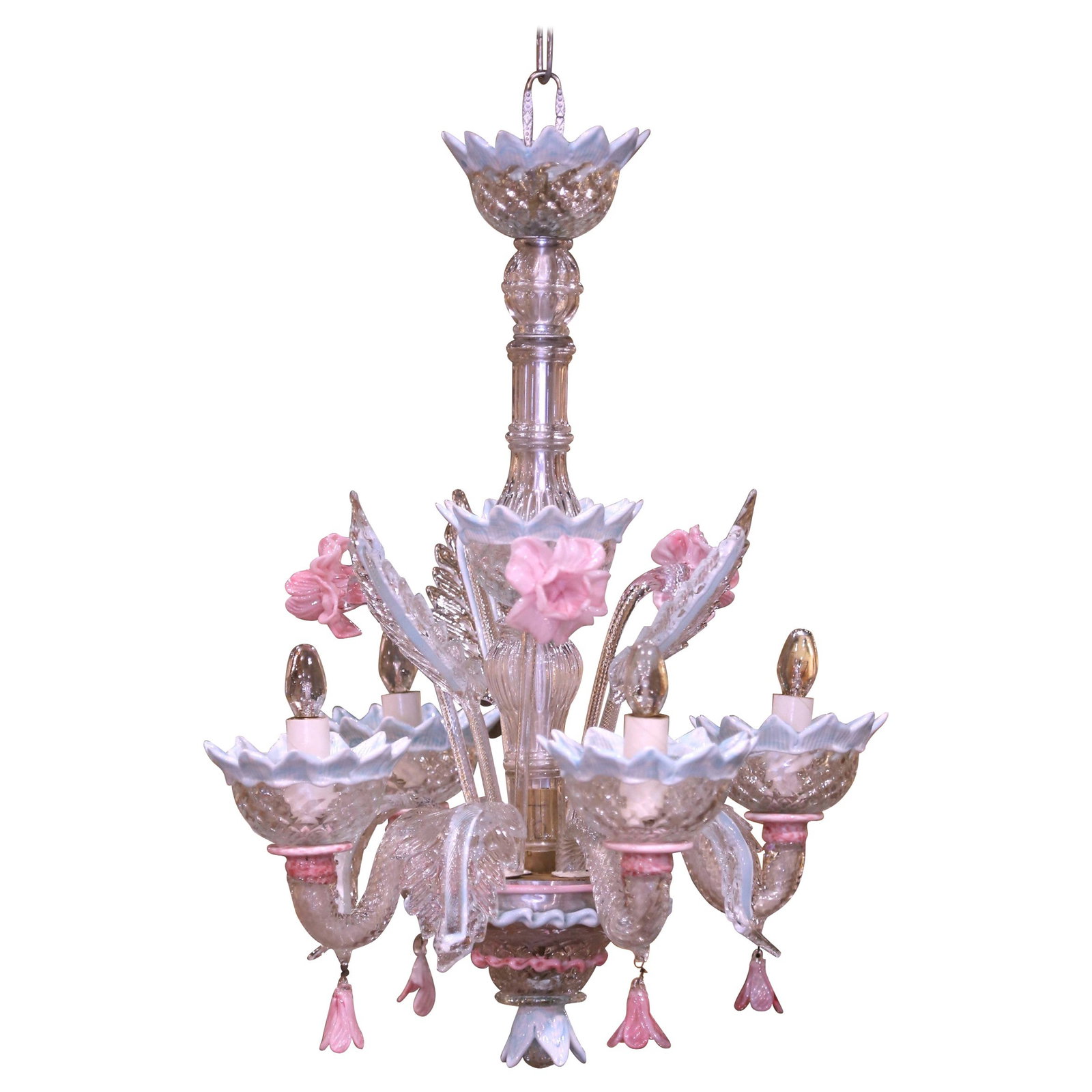 Italian Murano Glass Chandelier with Pink Floral Details Four Lights: Italian Murano Glass Chandelier with Pink Floral Details Four Lights This mid-century Murano chandelier, crafted in Italy circa 1960, features hand-blown and hand-painted Murano glass with delicate fl