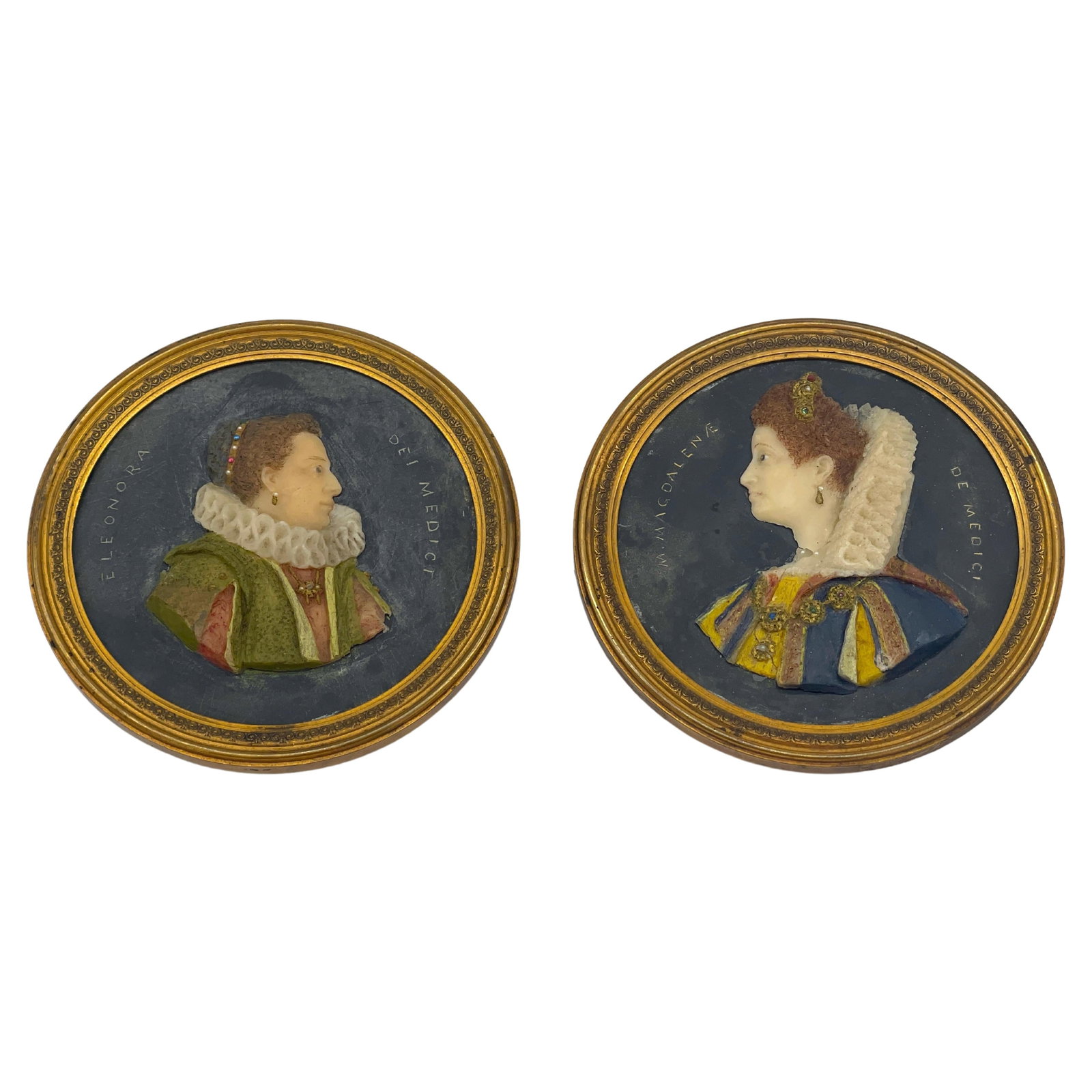 Set of 2 18th Century Wax Portraits of Eleonora & Maria Magdalena de' Medici: Set of 2 18th Century Wax Portraits of Eleonora & Maria Magdalena de' Medici This exquisite pair of 18th century wax portrait reliefs showcases Eleonora de' Medici (1567-1611) and Maria Magdalena de' 