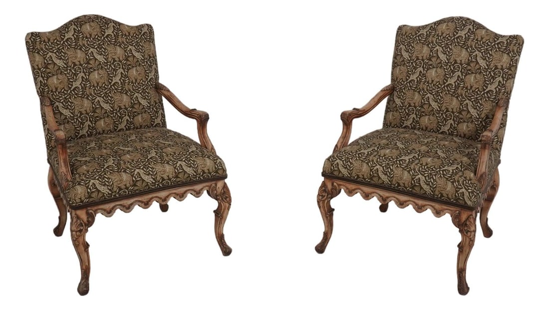 Elegant Weiman French Louis XIV Safari Print Armchairs Pair: Elegant Weiman French Louis XIV Safari Print Armchairs Pair Enhance your living space with this exquisite pair of Weiman French Louis XIV armchairs, featuring a unique and stylish safari print upholst