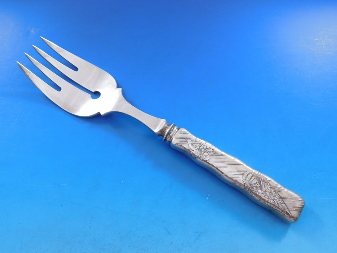 Tiffany & Co. Sterling Silver Buffet Fork Lap Over Edge Acid Etched with Cicada 9.25": Tiffany & Co. Sterling Silver Buffet Fork Lap Over Edge Acid Etched with Cicada 9.25" This exquisite buffet fork is a stunning piece from Tiffany & Co., crafted in the renowned Lap Over Edge Acid Etch