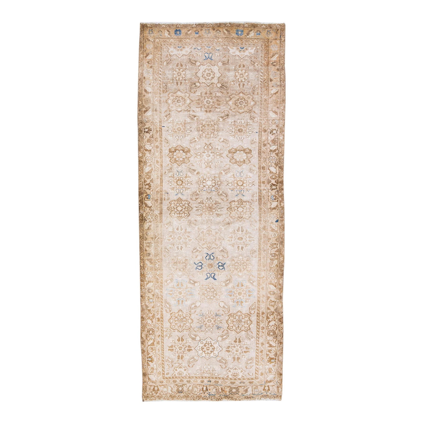 Vintage Malayer Handmade Floral Wool Runner 4'1 x 9'1 Beige: Vintage Malayer Handmade Floral Wool Runner 4'1 x 9'1 Beige Add a touch of vintage charm to your space with this exquisite 1960s Vintage Malayer Shabby Chic Handmade Floral Wool Runner. The beautiful 