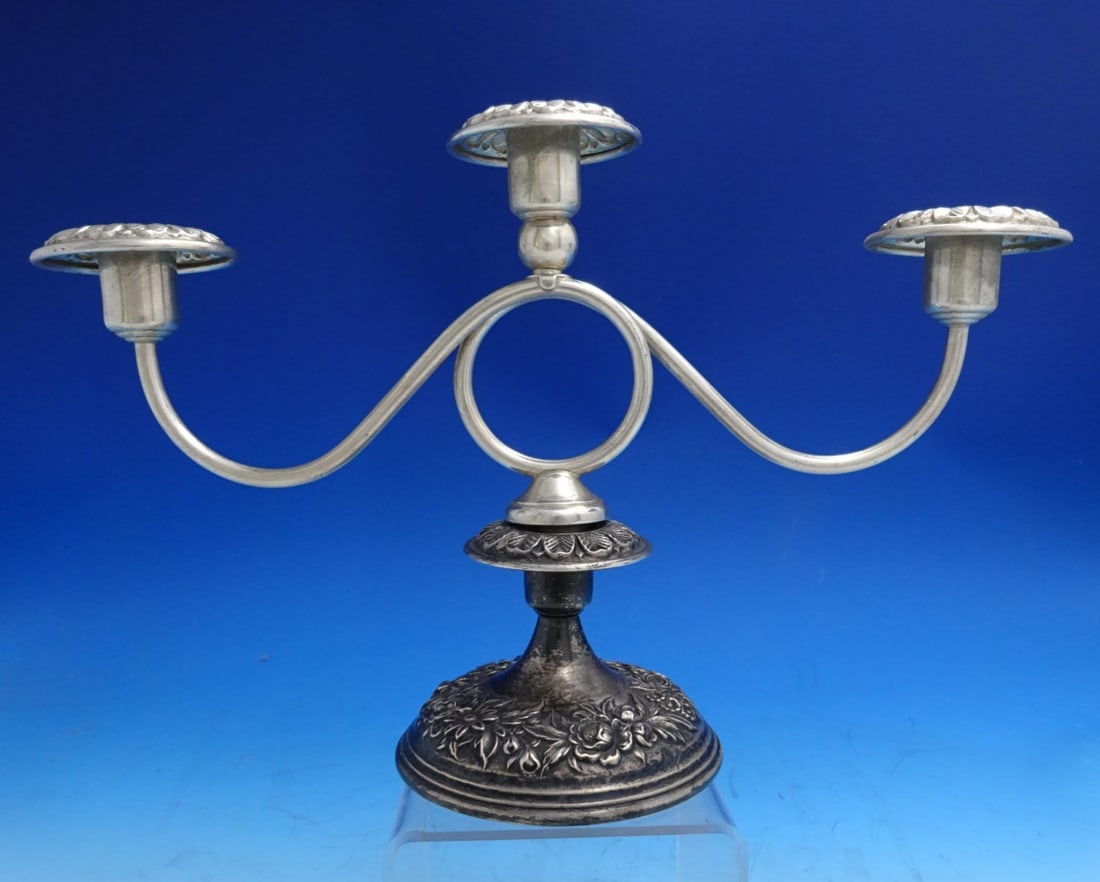 Kirk Repousse Sterling Silver 3-Light Candelabra 8 inch: Kirk Repousse Sterling Silver 3-Light Candelabra 8 inch This stunning Repousse by Kirk sterling silver candelabra features a captivating three-light design that beautifully showcases the art of repous