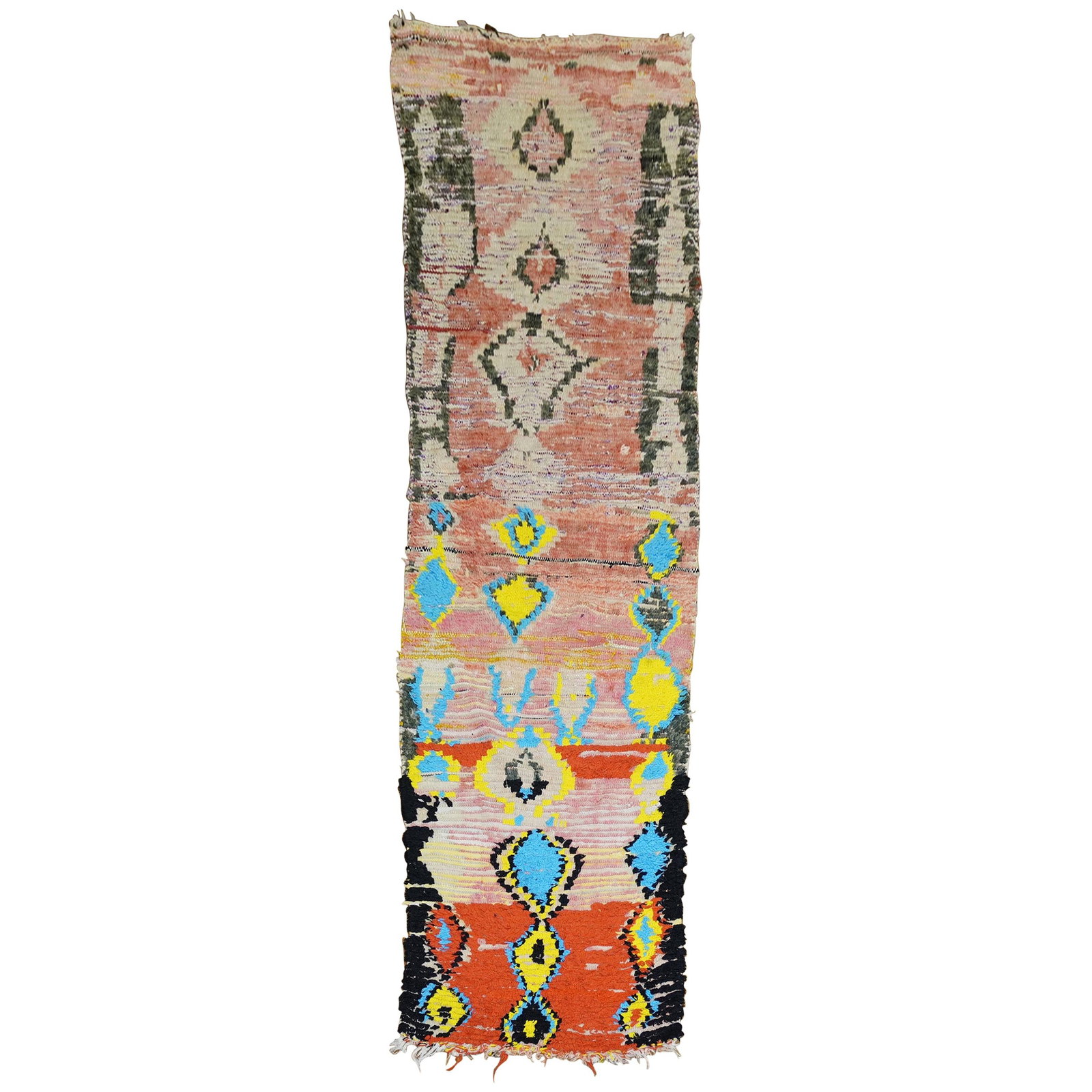 Vibrant Moroccan Hand-Woven Wool Runner Mid-Century Modern 34 x 110: Vibrant Moroccan Hand-Woven Wool Runner Mid-Century Modern 34 x 110 Add a touch of vibrant color and unique style to your space with this Quirky Moroccan Colorful Geometric Large Scale Wool Runner. Th