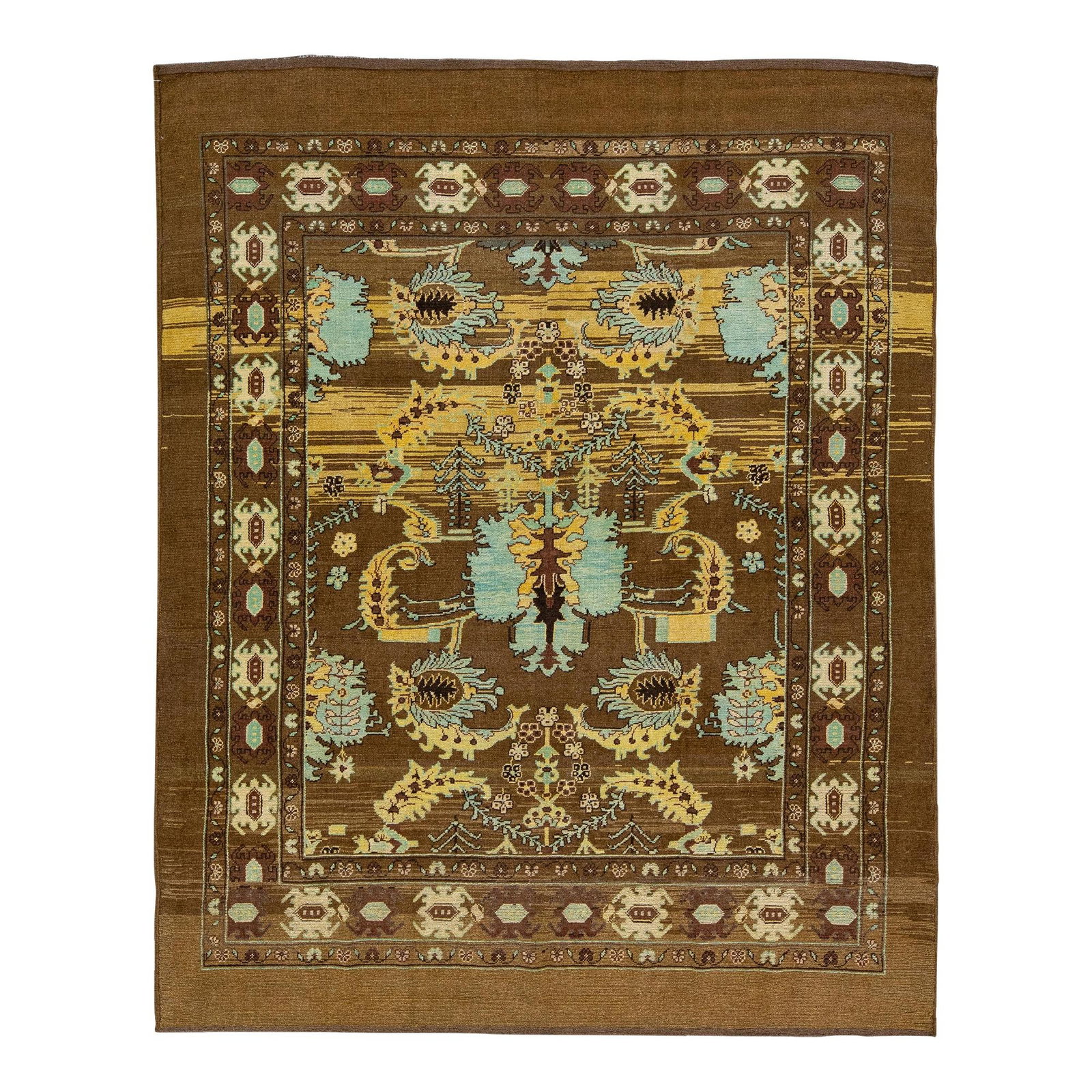 Mid-Century Handmade Floral Wool Rug Brown 8' x 9'11": Mid-Century Handmade Floral Wool Rug Brown 8' x 9'11" This exquisite handmade wool rug showcases a beautiful Mid-Century Modern style with inspiration drawn from 19th-century regional artisans. The ru