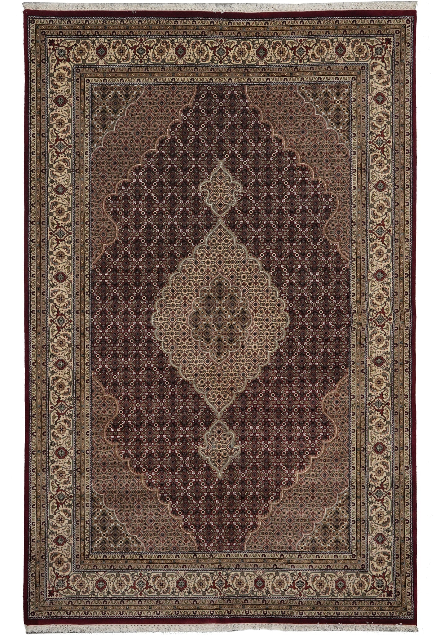 7 x 9.9 Mahi Tabriz Herati Hand-Knotted Wool Silk Rug: 7 x 9.9 Mahi Tabriz Herati Hand-Knotted Wool Silk Rug Free continental US Shipping This hand-knotted Mahi Tabriz Herati rug combines premium wool with silk highlights for a luxuriously soft texture an