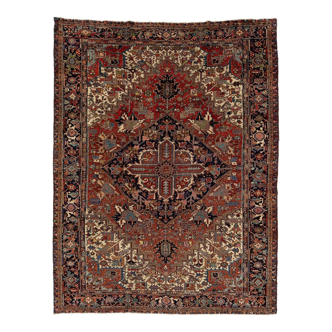 Antique Persian Heriz 9'3" x 12' Red Wool Rug Multicolor Medallion: Antique Persian Heriz 9'3" x 12' Red Wool Rug Multicolor Medallion Enhance your space with this exquisite antique Persian Heriz wool rug, featuring a captivating multicolor pattern that beautifully co