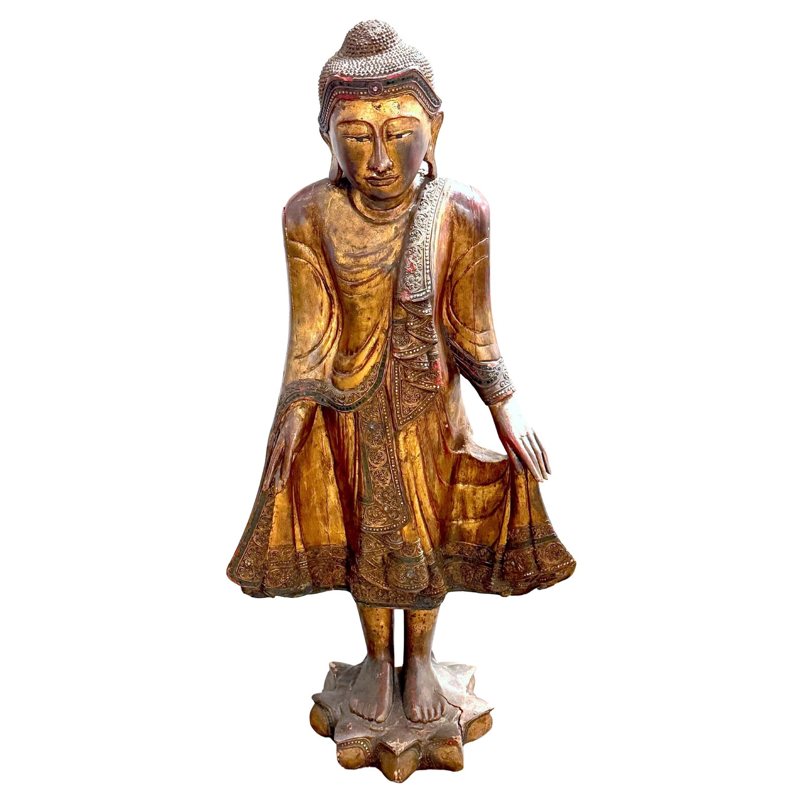 Late 19th Century Burmese Giltwood Buddha Statue on Lotus Pedestal: Late 19th Century Burmese Giltwood Buddha Statue on Lotus Pedestal This monumental standing Buddha sculpture from Burma (Myanmar) dates to the late 19th to early 20th century. Expertly hand-carved fro