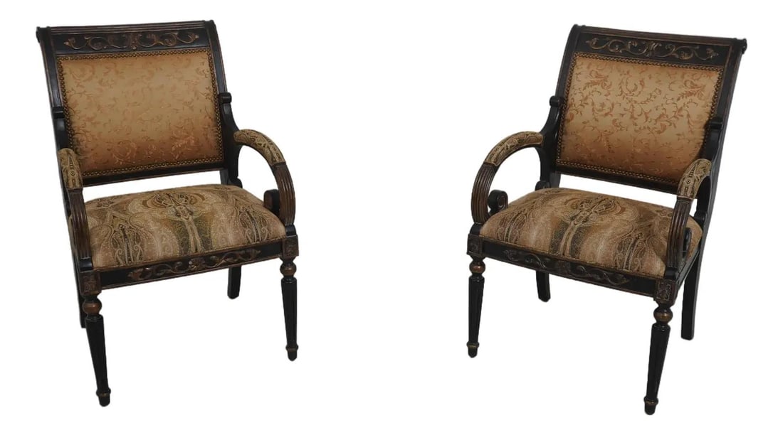 Set of 2 Upholstered Armchairs in French Louis XV Inspired Design: Set of 2 Upholstered Armchairs in French Louis XV Inspired Design This pair of French Louis XV style armchairs features factory distressed painted frames, refined carved details, and a classic tack he