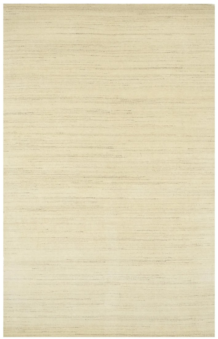 5'10 x 9'0 Hand-Loomed Wool Area Rug Solid Cream Modern Gabbeh Design: 5'10 x 9'0 Hand-Loomed Wool Area Rug Solid Cream Modern Gabbeh Design This is a solid cream hand-loomed Gabbeh wool area rug, crafted in a modern style. The rug measures approximately 5 feet 10 inches