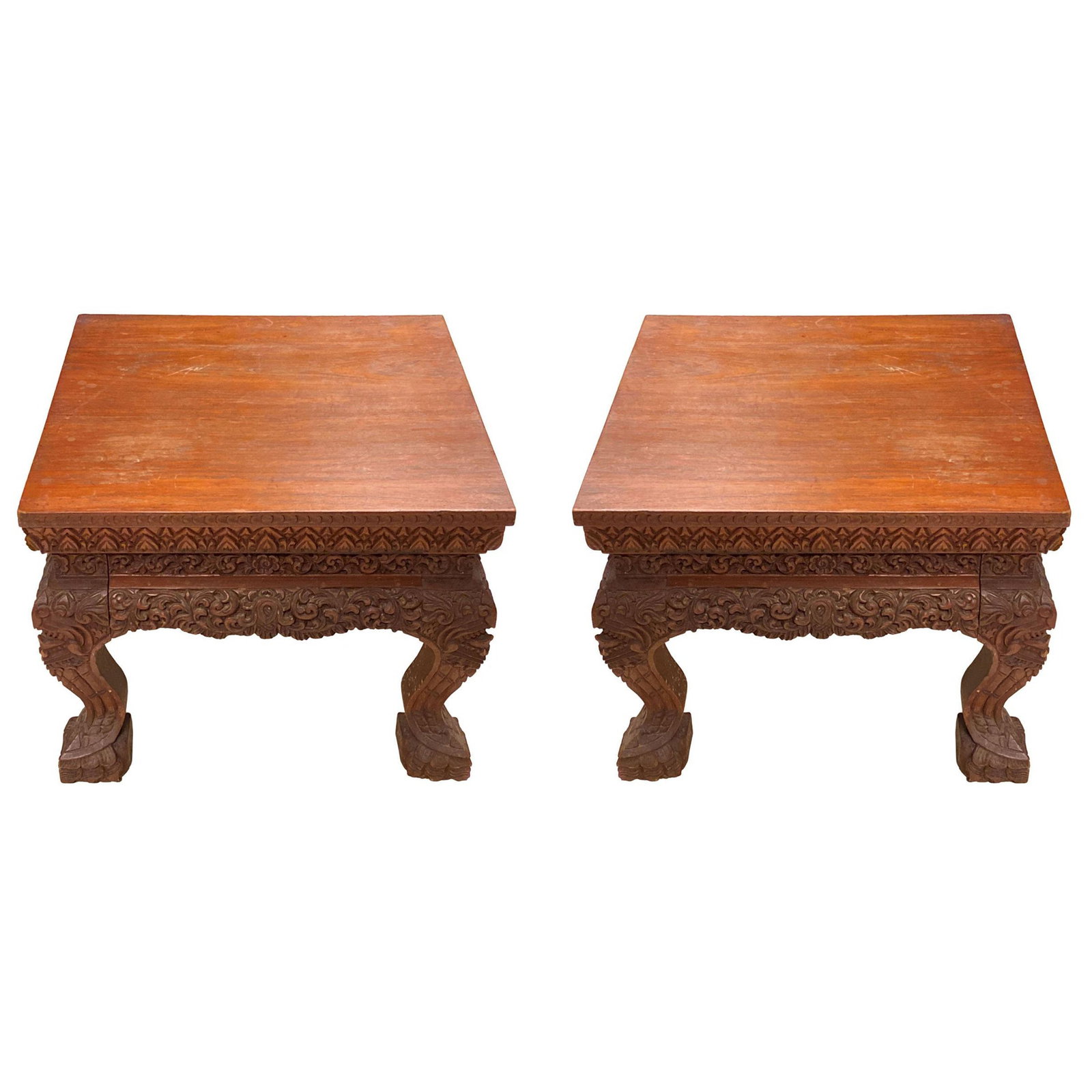 Set of 2 Hand-Carved Chinoiserie Wood Pedestals with Dragon Masks: Set of 2 Hand-Carved Chinoiserie Wood Pedestals with Dragon Masks This set includes two intricately hand-carved Asian wooden pedestals from late 19th-century China. Each pedestal features elaborate de