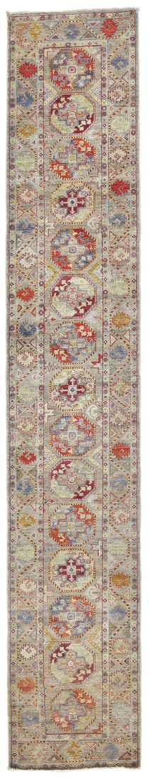Hand Knotted Wool Kazak Runner 2'6 x 13'9 Tribal Geometric Rug: Hand Knotted Wool Kazak Runner 2'6 x 13'9 Tribal Geometric Rug Enhance your space with this stunning hand-knotted Kazak runner rug, measuring 2'6" x 13'9". Crafted from high-quality wool, this rug fea