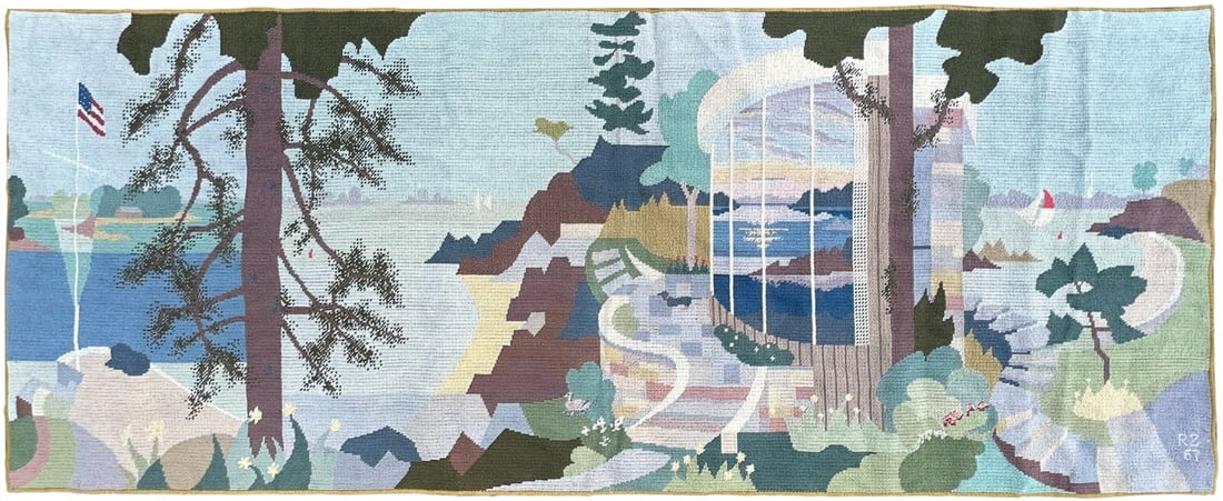 Handmade Wool Flat Weave Yacht Club Area Rug 3x8 1967: Handmade Wool Flat Weave Yacht Club Area Rug 3x8 1967 This is a rare, handmade 1967 Phillips Pilot Rock Yacht Club needlepoint tapestry. Crafted in Belgium, this flat-woven area rug features a geometr