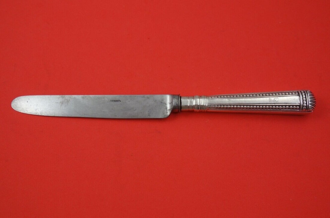 Georgian Sterling Silver Dessert Knife by WS Beaded Handle 8.5": Georgian Sterling Silver Dessert Knife by WS Beaded Handle 8.5" This exquisite English Georgian dessert knife showcases a stunning beaded handle and is crafted from high-quality sterling silver. Measu