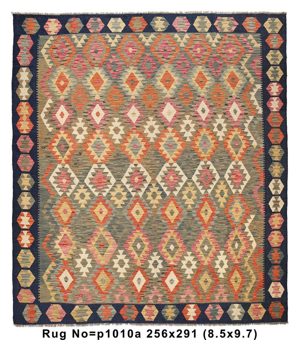 Handmade Kilim Rug 8.5 x 9.7 ft Natural Wool Multi-Color: Handmade Kilim Rug 8.5 x 9.7 ft Natural Wool Multi-Color Free continental US Shipping Enhance your living space with this exquisite handmade Kilim flat weave rug, showcasing a rich blend of black, gre