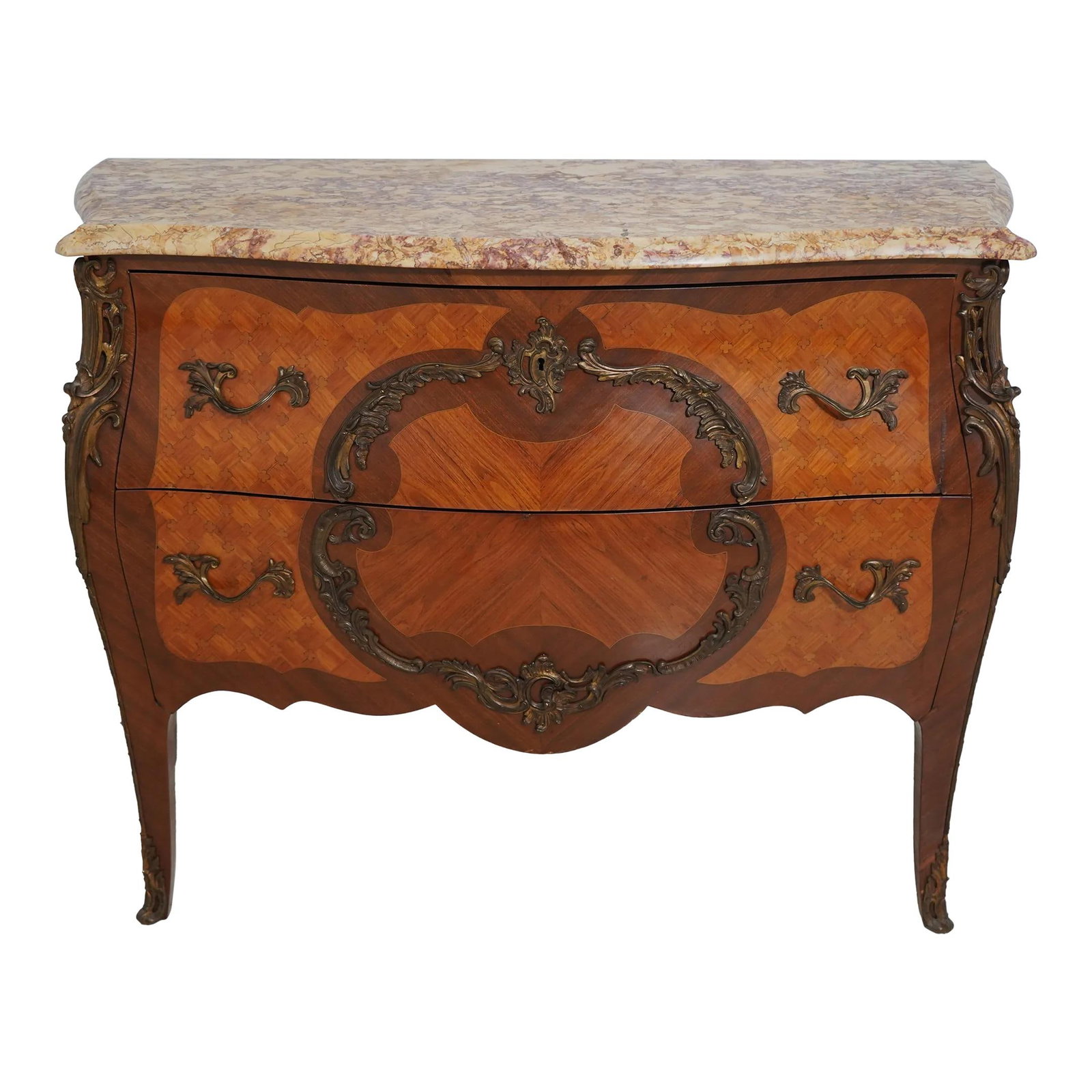 Vintage Louis XV Style Marble Top Commode with Ormolu Mounts: Vintage Louis XV Style Marble Top Commode with Ormolu Mounts This exquisite Vintage French Louis XV Style Commode features a stunning marble top and intricate marquetry details, embodying the elegance