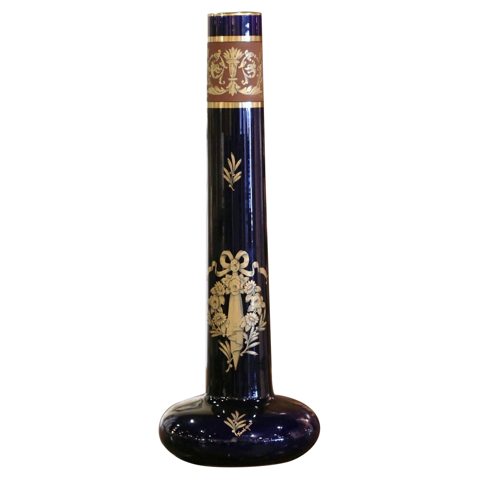 French Neoclassical Porcelain Vase with Gilt Cobalt Blue: French Neoclassical Porcelain Vase with Gilt Cobalt Blue This elegant late 19th-century French porcelain vase showcases refined Neoclassical design elements. Crafted circa 1890, the vase features a ta