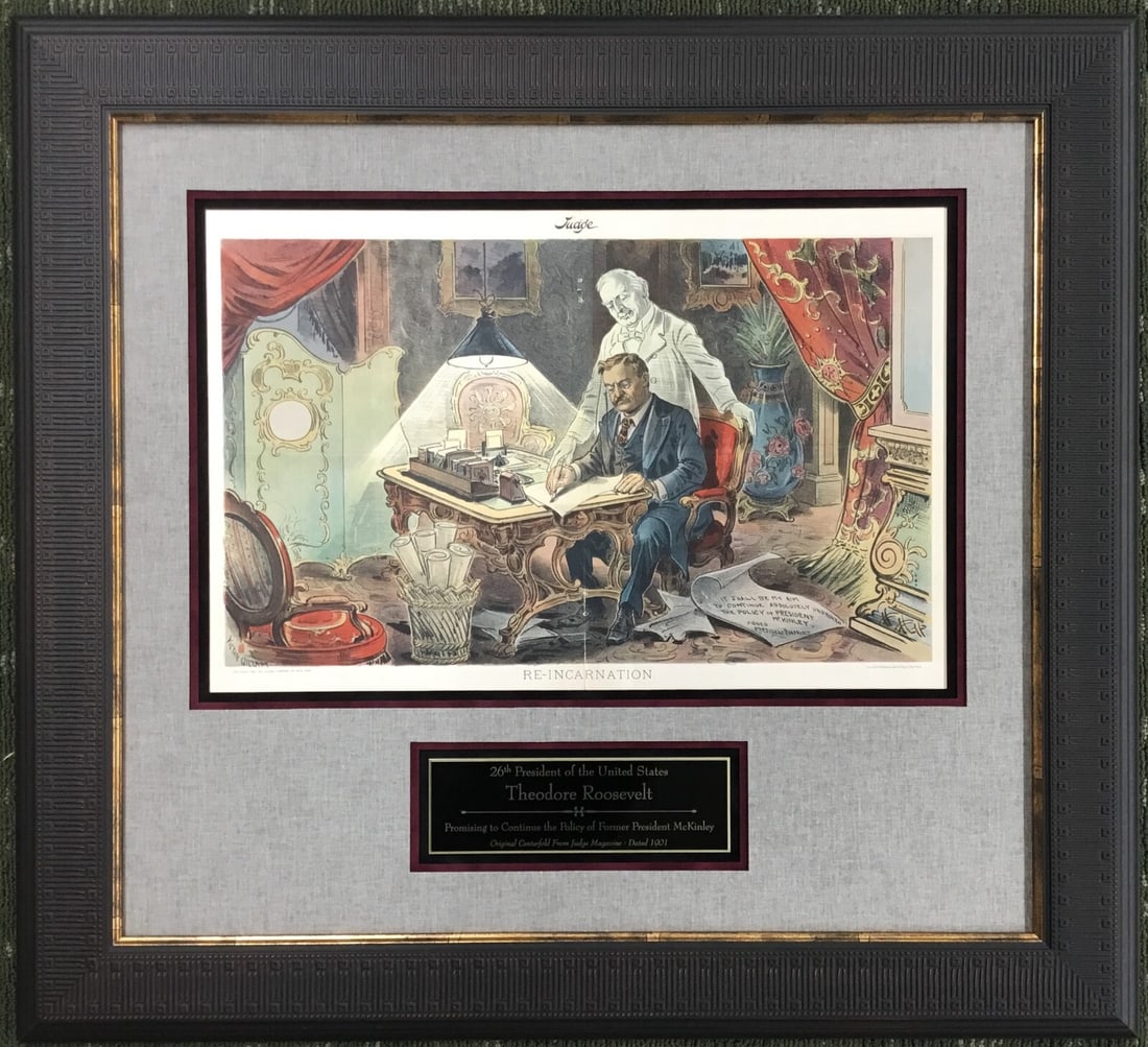 Theodore Roosevelt 1901 Judge Magazine Centerfold Custom Framed Art: Theodore Roosevelt 1901 Judge Magazine Centerfold Custom Framed Art Celebrate a pivotal moment in American history with this original 1901 centerfold from Judge Magazine featuring President Theodore R