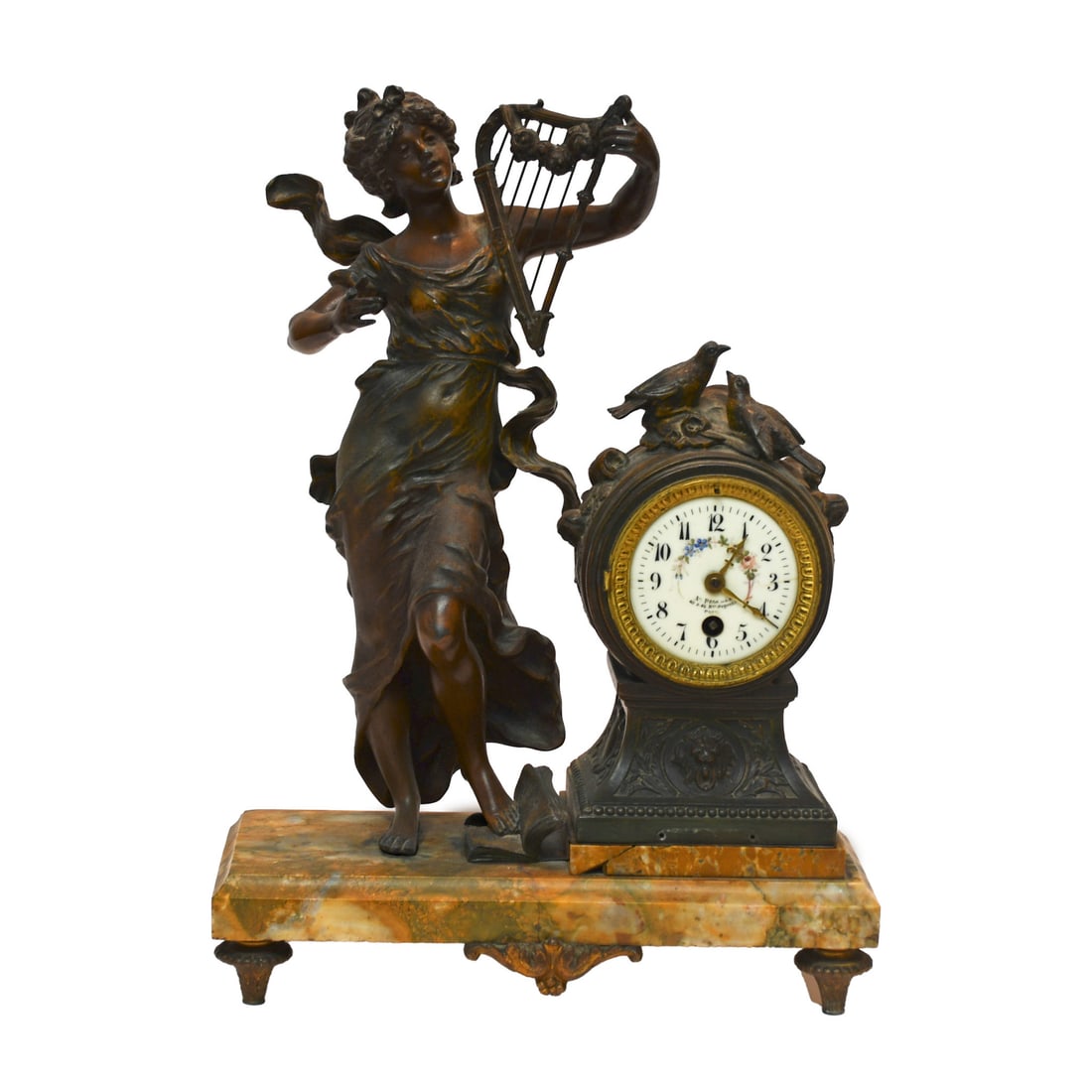 Bronze figural mantel clock with harp maiden on marble base: Bronze figural mantel clock with harp maiden on marble base This classic large figural clock features a bronze maiden holding a harp, elegantly positioned next to the clock. The detailed statue and cl