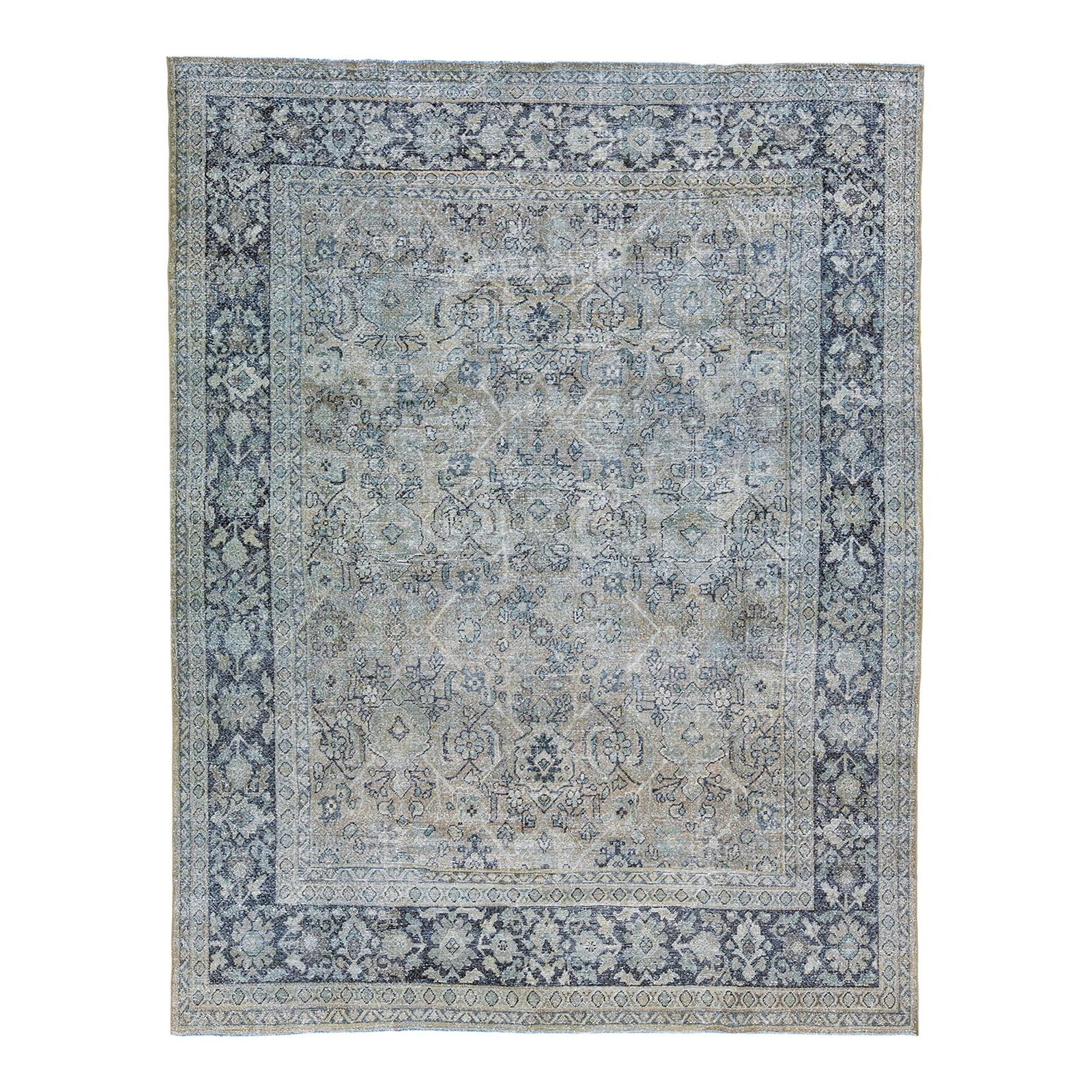 Antique Persian Tabriz Wool Rug 7'10 x 10'8 Shah Abbasi Design: Antique Persian Tabriz Wool Rug 7'10 x 10'8 Shah Abbasi Design This exquisite antique Tabriz rug showcases a stunning gray color field complemented by a blue frame and intricate all-over floral design